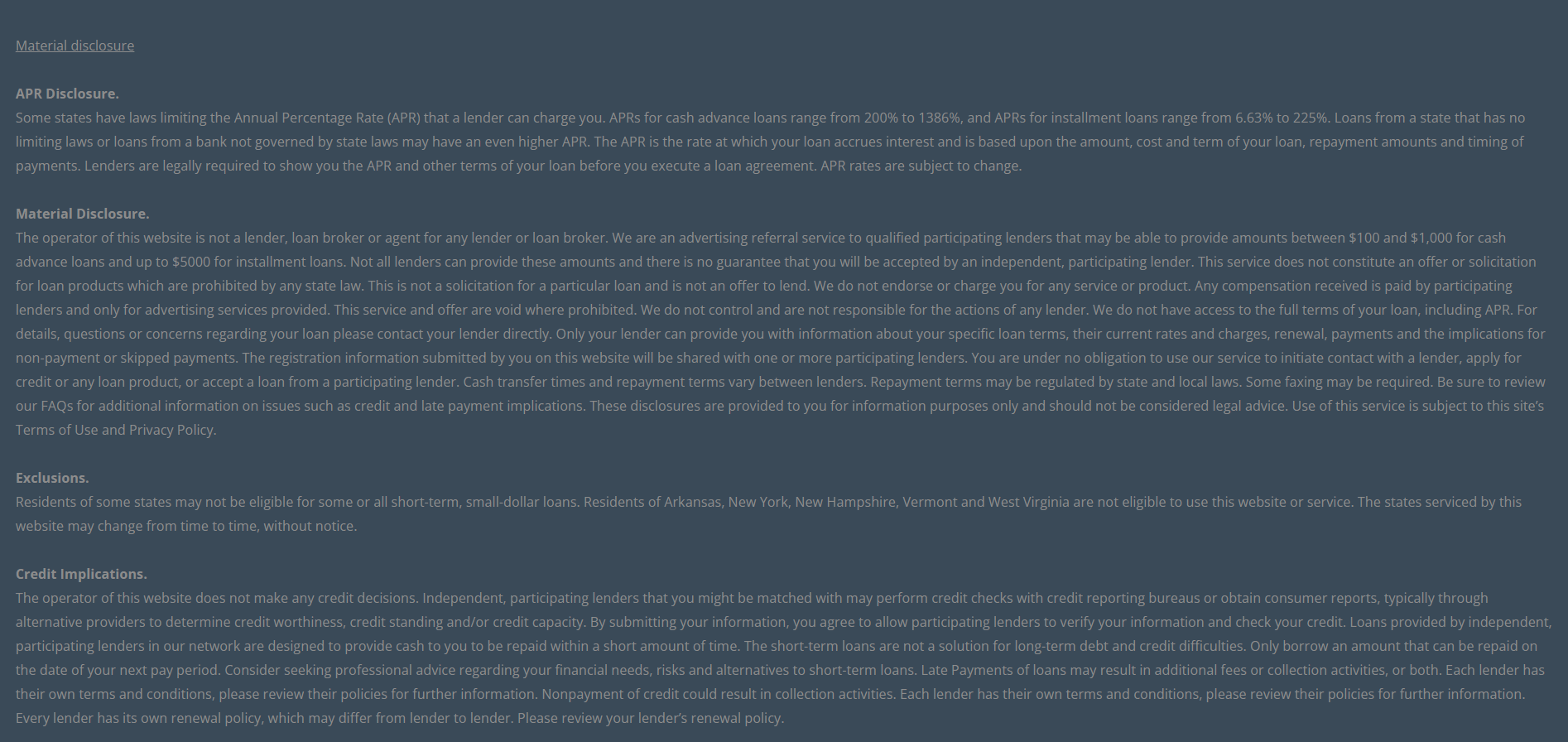 Material disclosure for payday loans in Santa Maria California